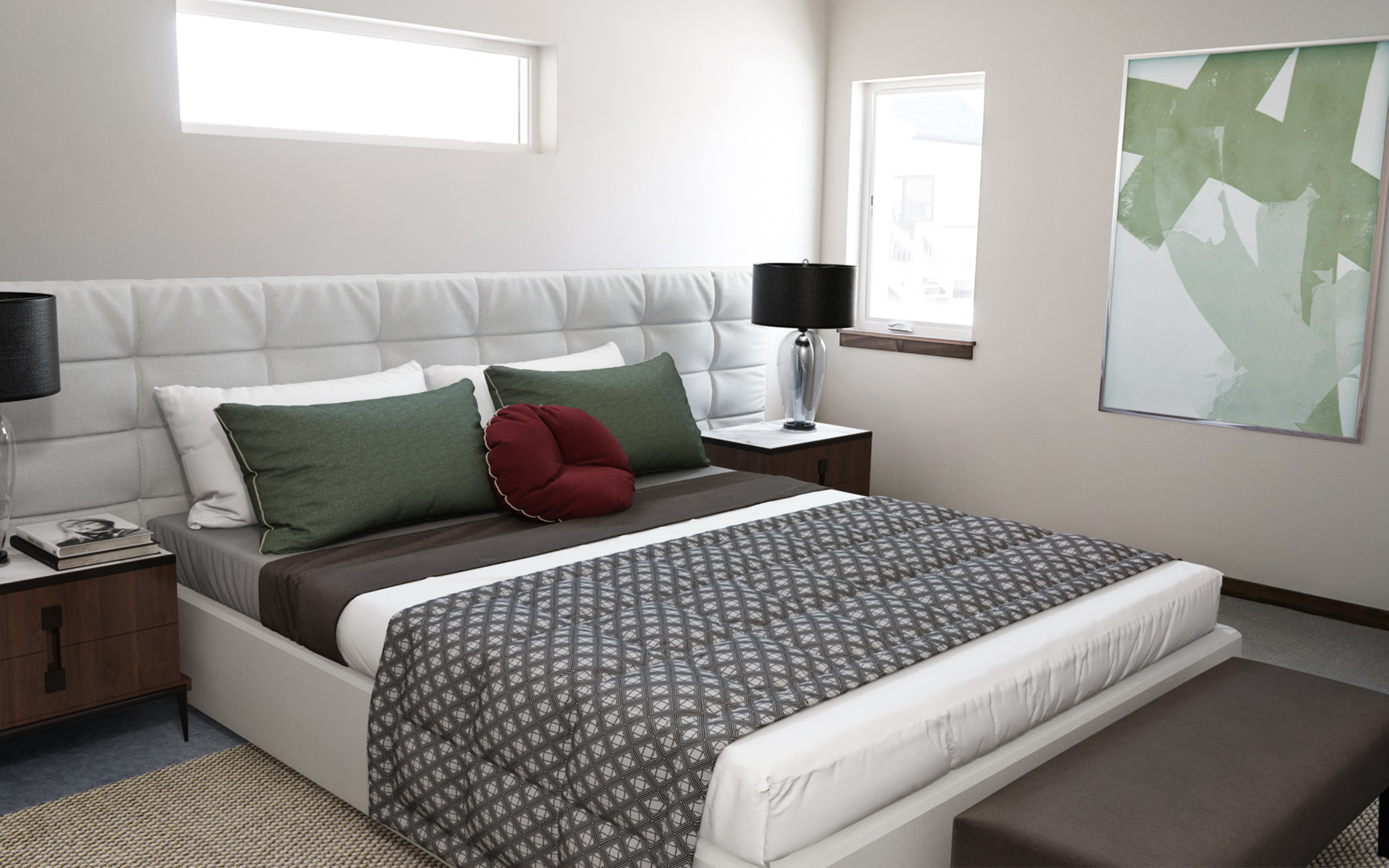 A modern bedroom featuring a large bed and windows that let in natural light.
