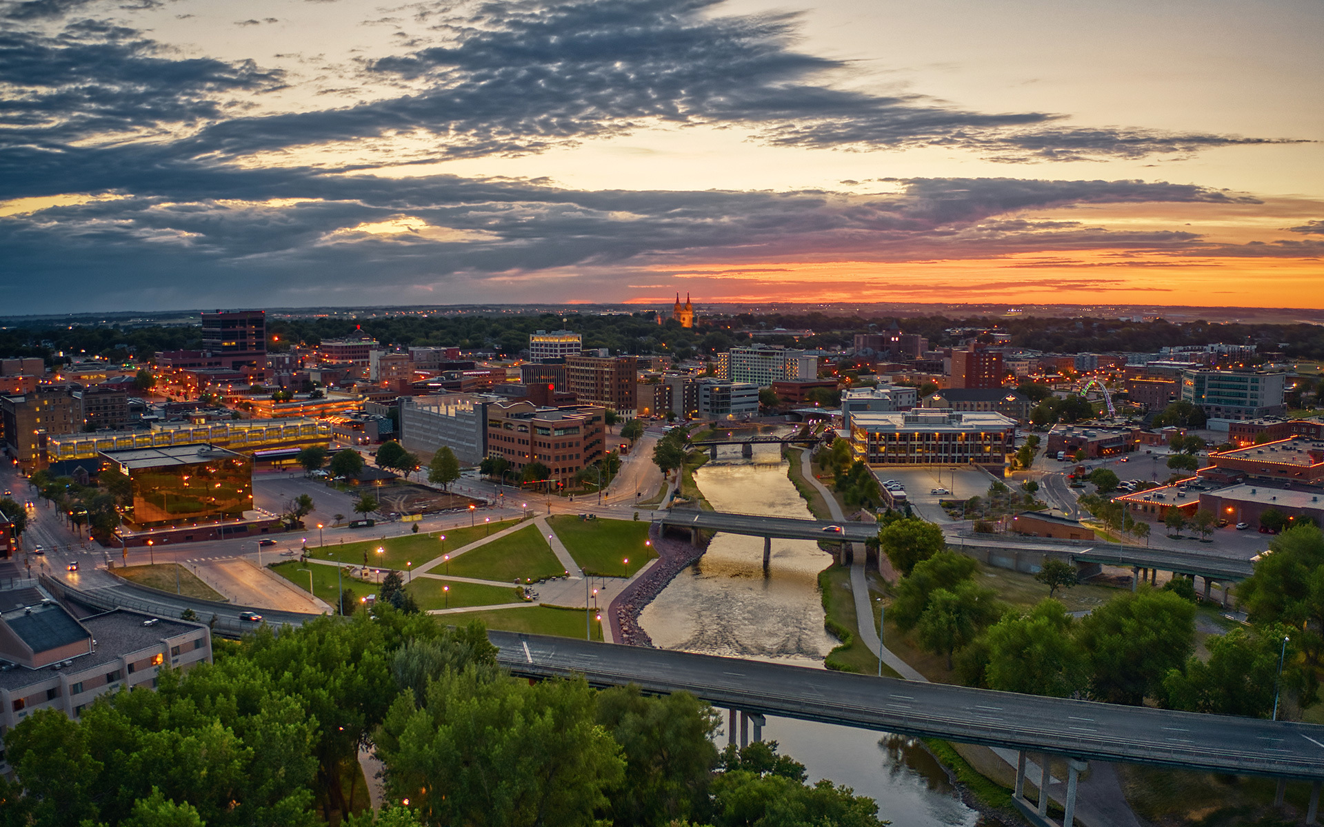 An aerial view of sioux falls south dakota downtown at sunrise